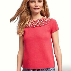 MOTF Bright Red Knit Top with Pearl & Metallic Bead Embellishment